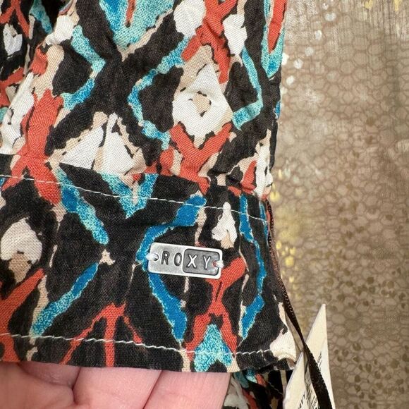 Roxy Tribal Boho Blue Black Orange Tie Back Cropped Halter Top Med NWT - Picture 4 of 7